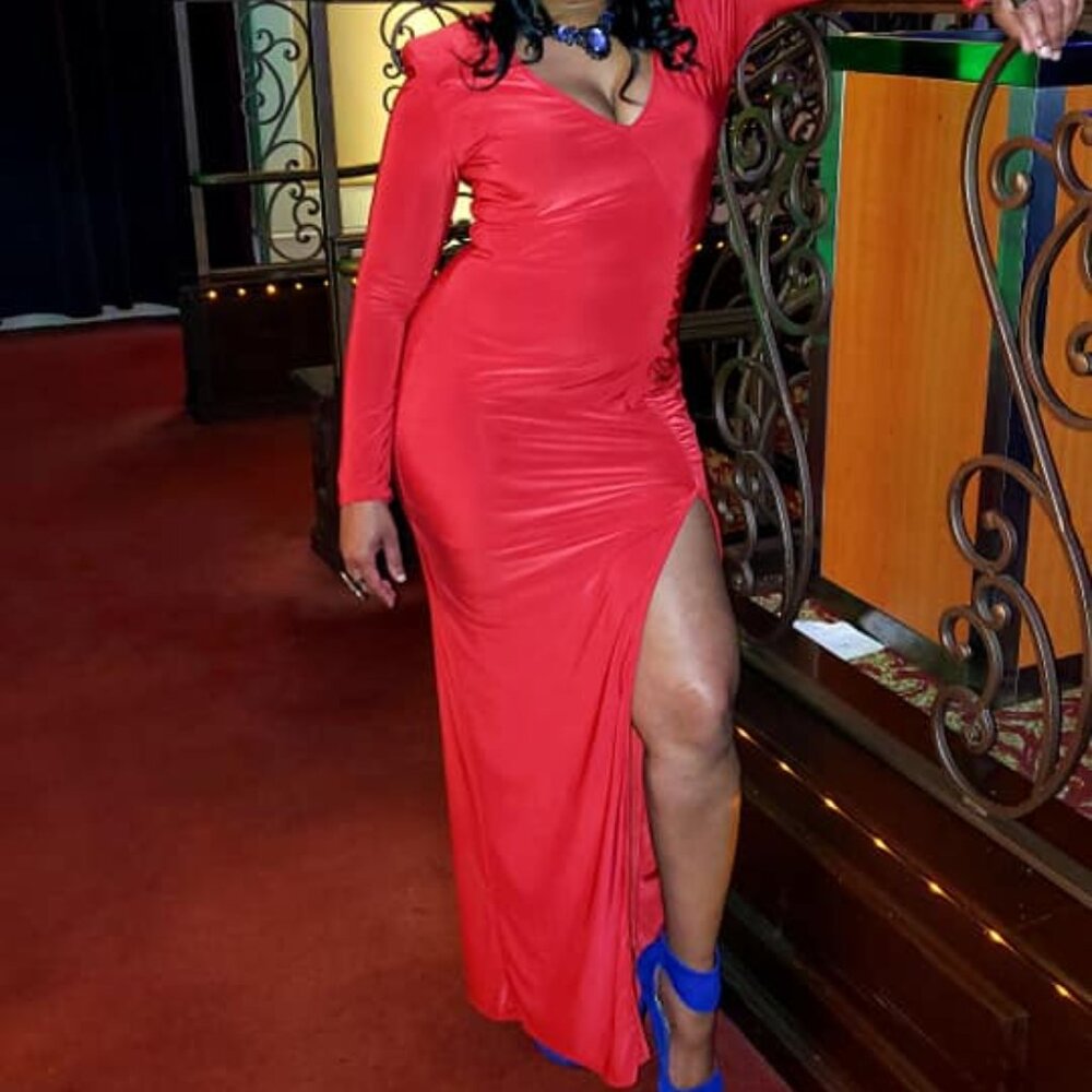 Long sleeve Red Dress with split.